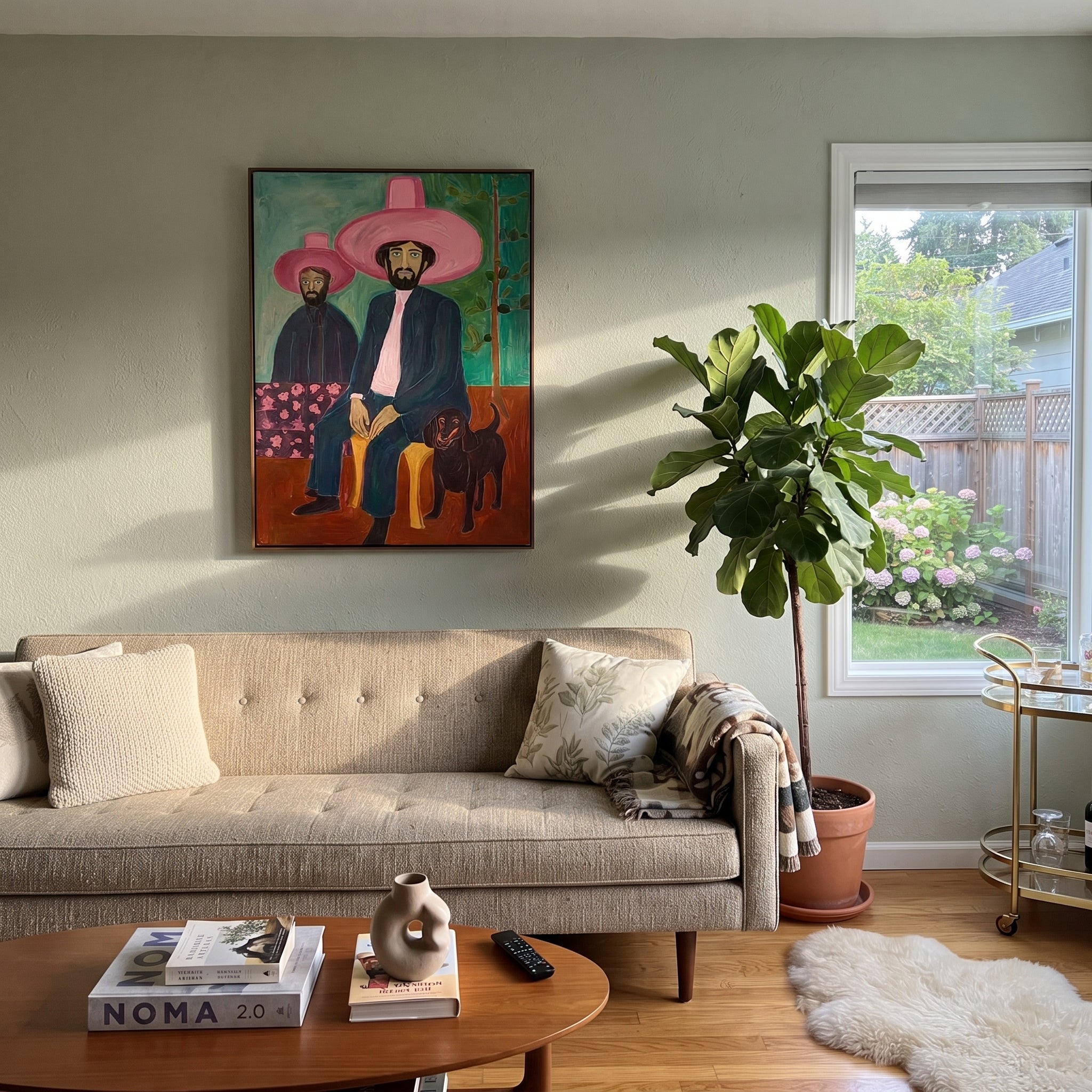 Black Dog Guards Pink - cowboy dog portrait painting by Savannah Reed, modern folk art vertical wall art – styled room scene view 4