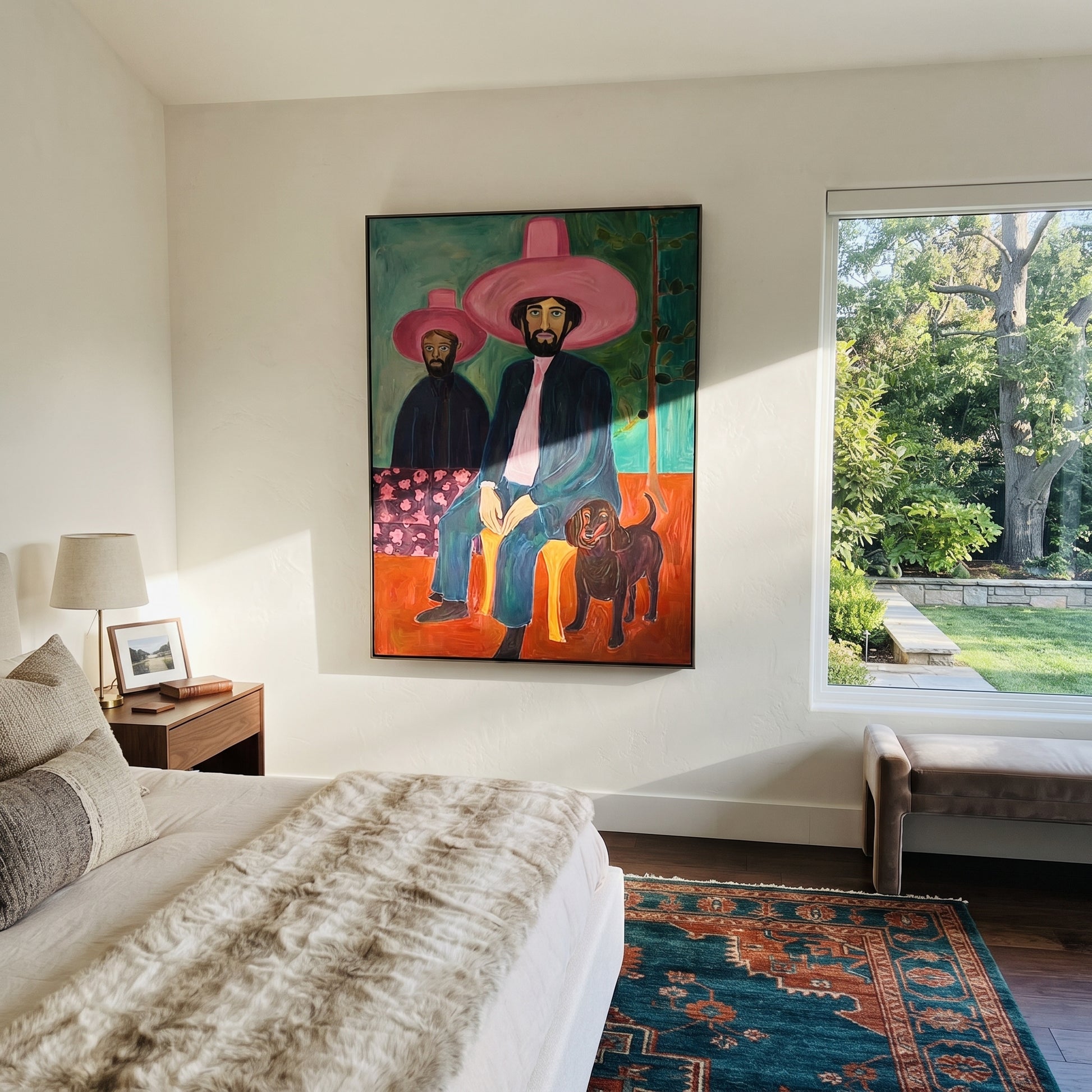 Black Dog Guards Pink - cowboy dog portrait painting by Savannah Reed, modern folk art vertical wall art – styled room scene view 5