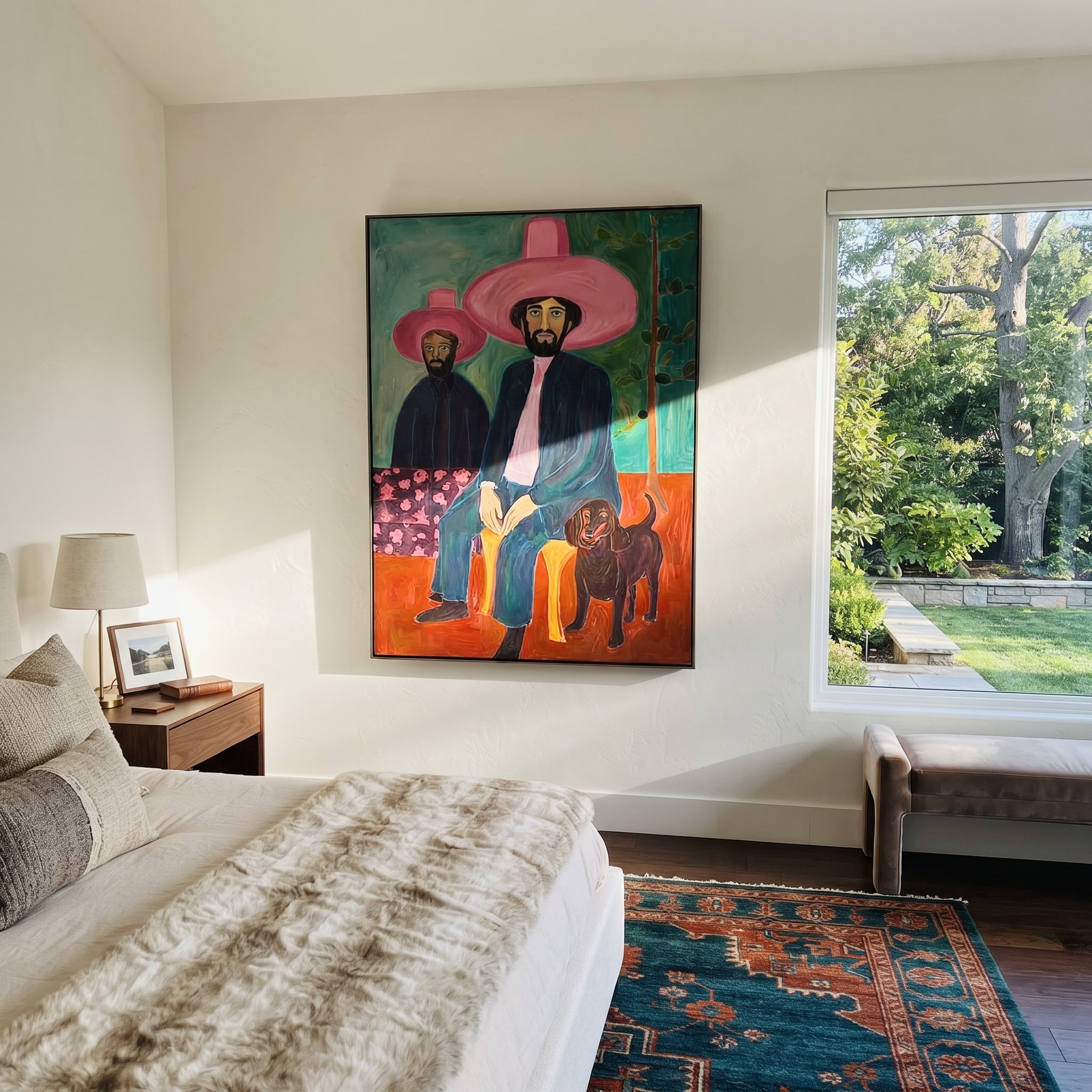 Black Dog Guards Pink - cowboy dog portrait painting by Savannah Reed, modern folk art vertical wall art – styled room scene view 5