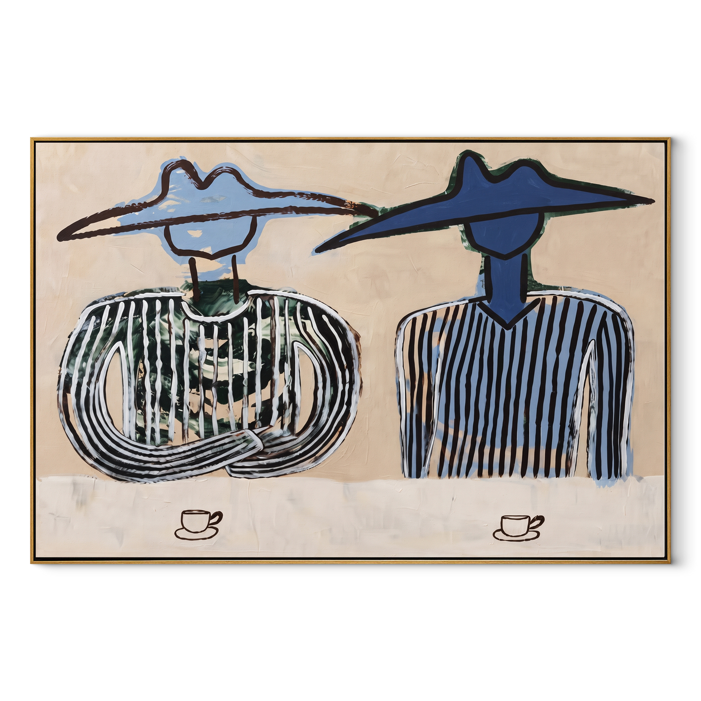 Blue Hats Guard Coffee - cowboy coffee pair painting by Savannah Reed, modern folk art horizontal wall art – wood frame on white background