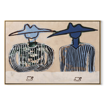 Blue Hats Guard Coffee - cowboy coffee pair painting by Savannah Reed, modern folk art horizontal wall art – wood frame on white background