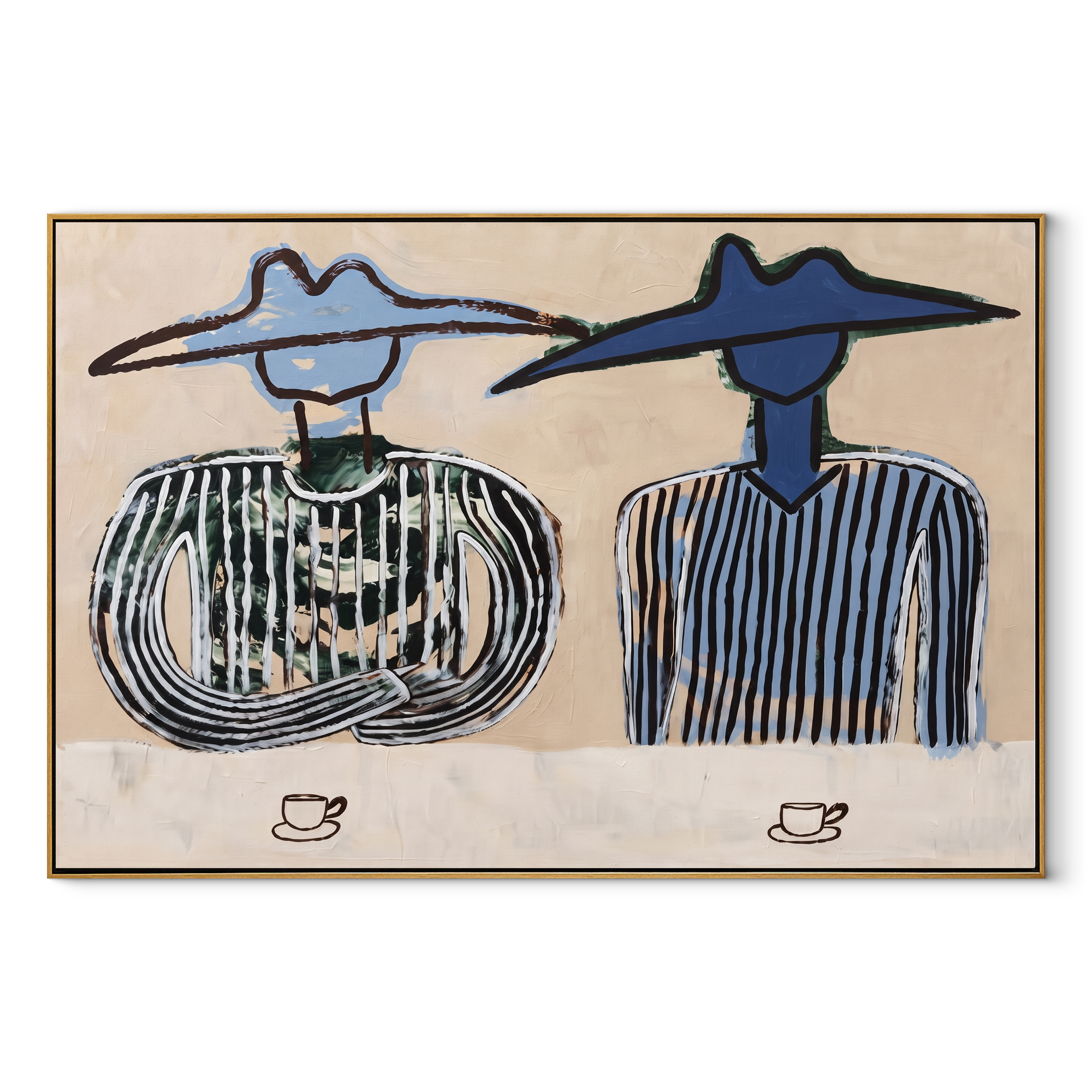 Blue Hats Guard Coffee - cowboy coffee pair painting by Savannah Reed, modern folk art horizontal wall art – wood frame on white background