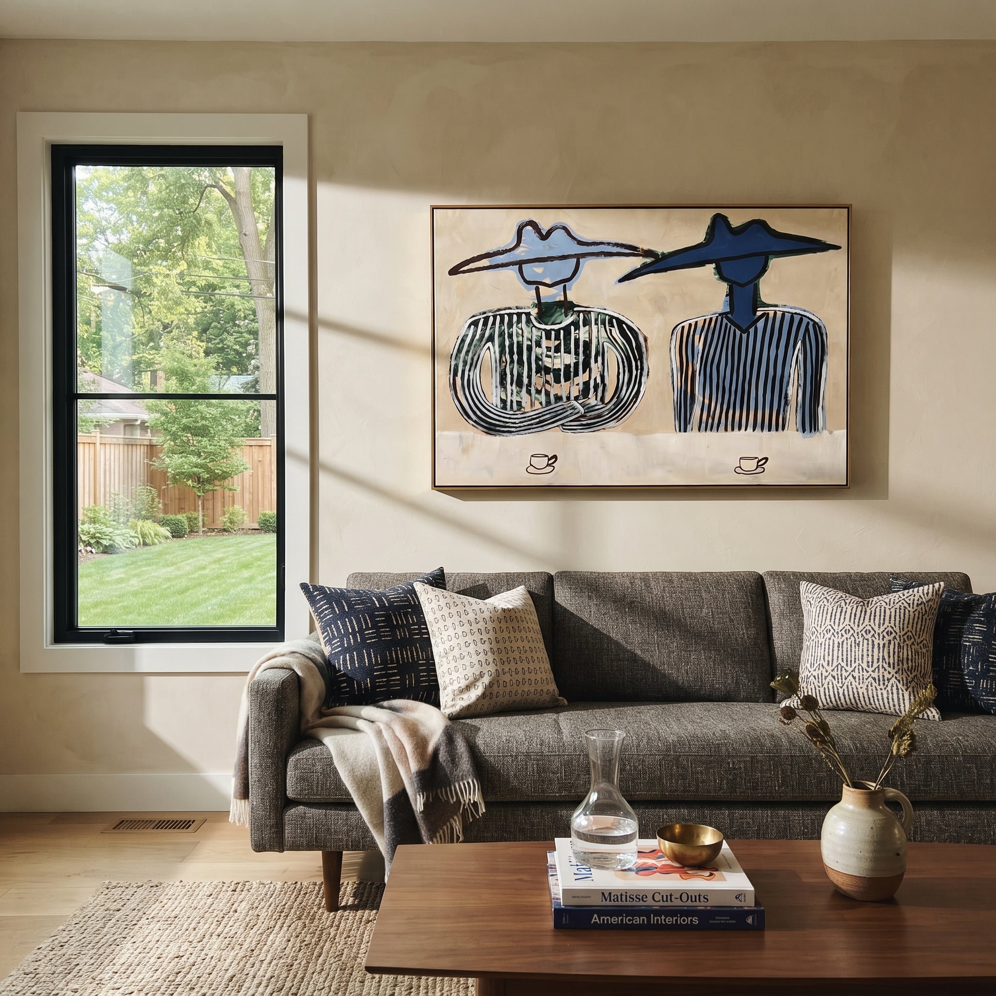 Blue Hats Guard Coffee - cowboy coffee pair painting by Savannah Reed, modern folk art horizontal wall art – styled room scene view 2
