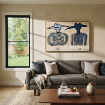 Blue Hats Guard Coffee - cowboy coffee pair painting by Savannah Reed, modern folk art horizontal wall art – styled room scene view 2
