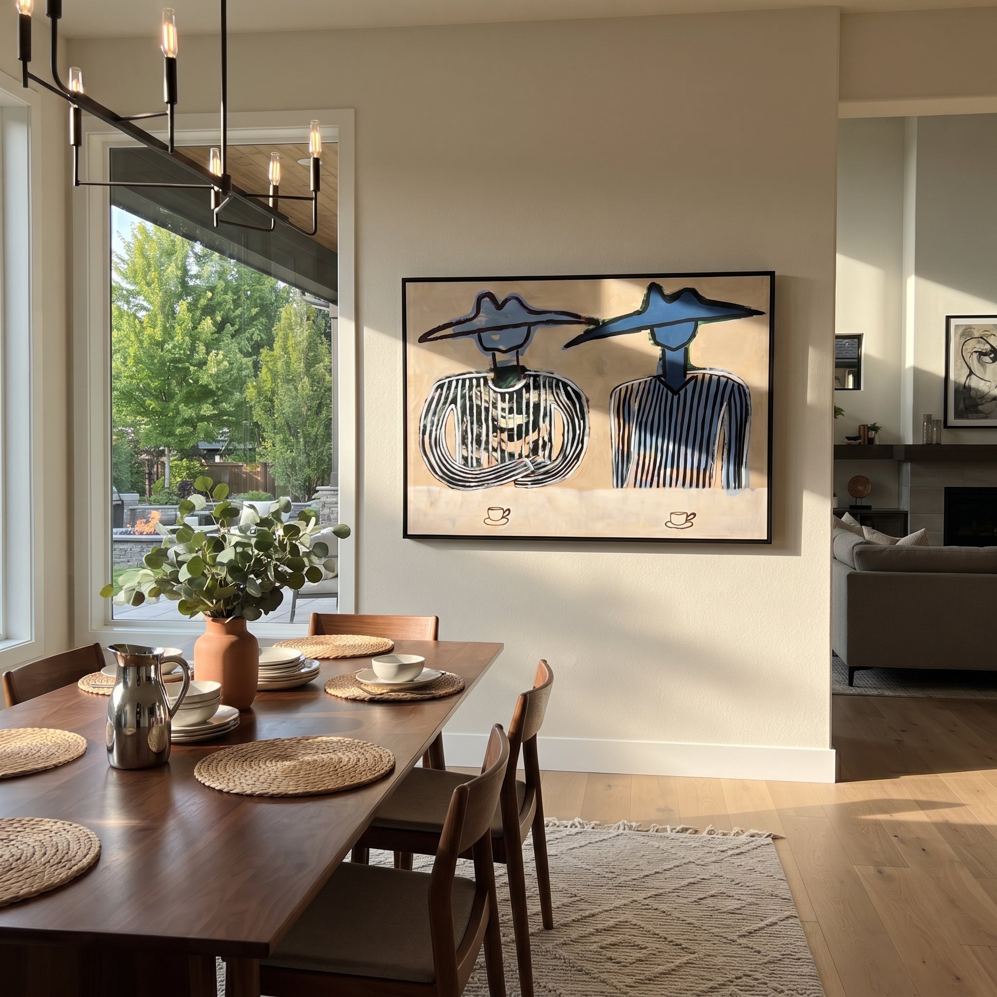 Blue Hats Guard Coffee - cowboy coffee pair painting by Savannah Reed, modern folk art horizontal wall art – styled room scene view 3