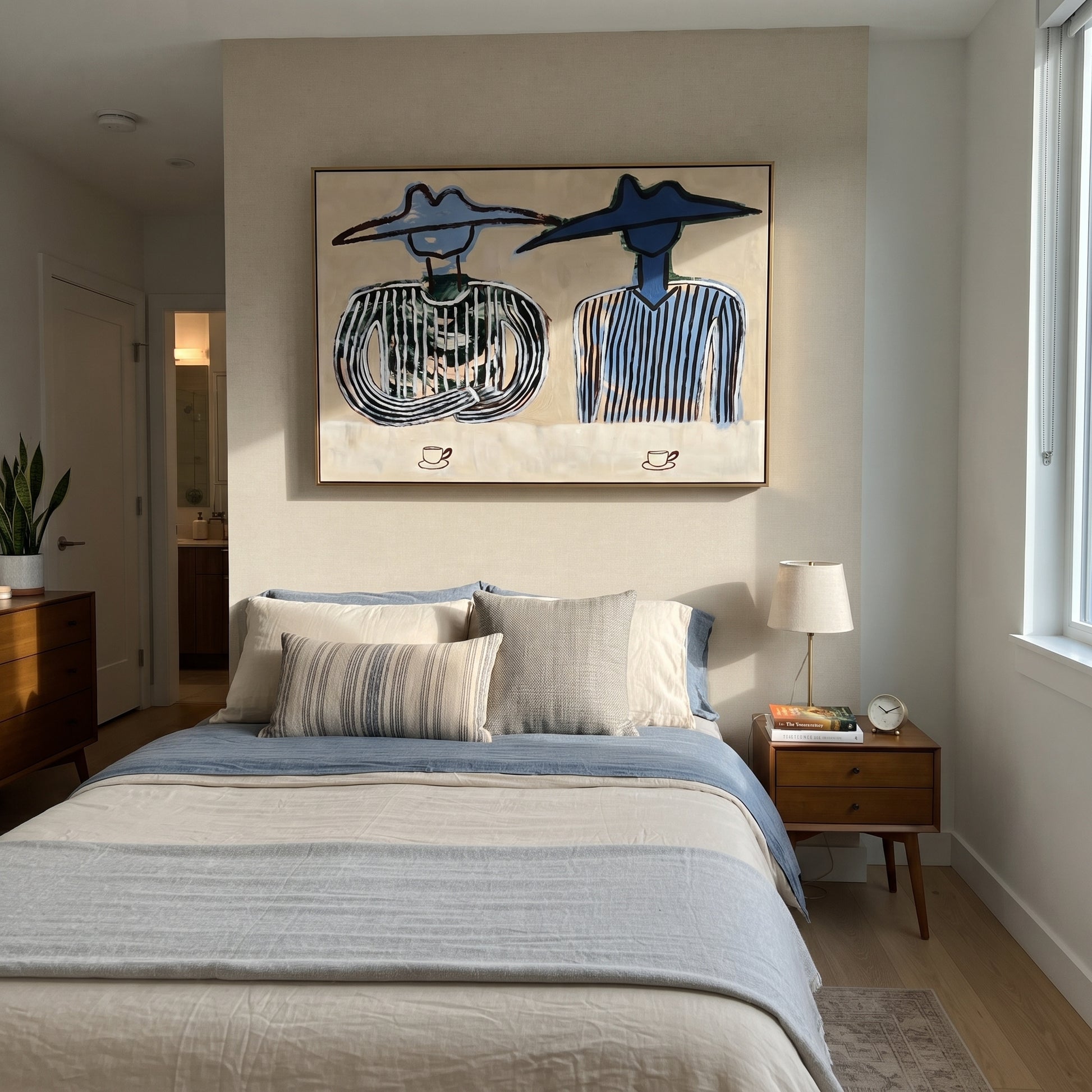 Blue Hats Guard Coffee - cowboy coffee pair painting by Savannah Reed, modern folk art horizontal wall art – styled room scene view 4