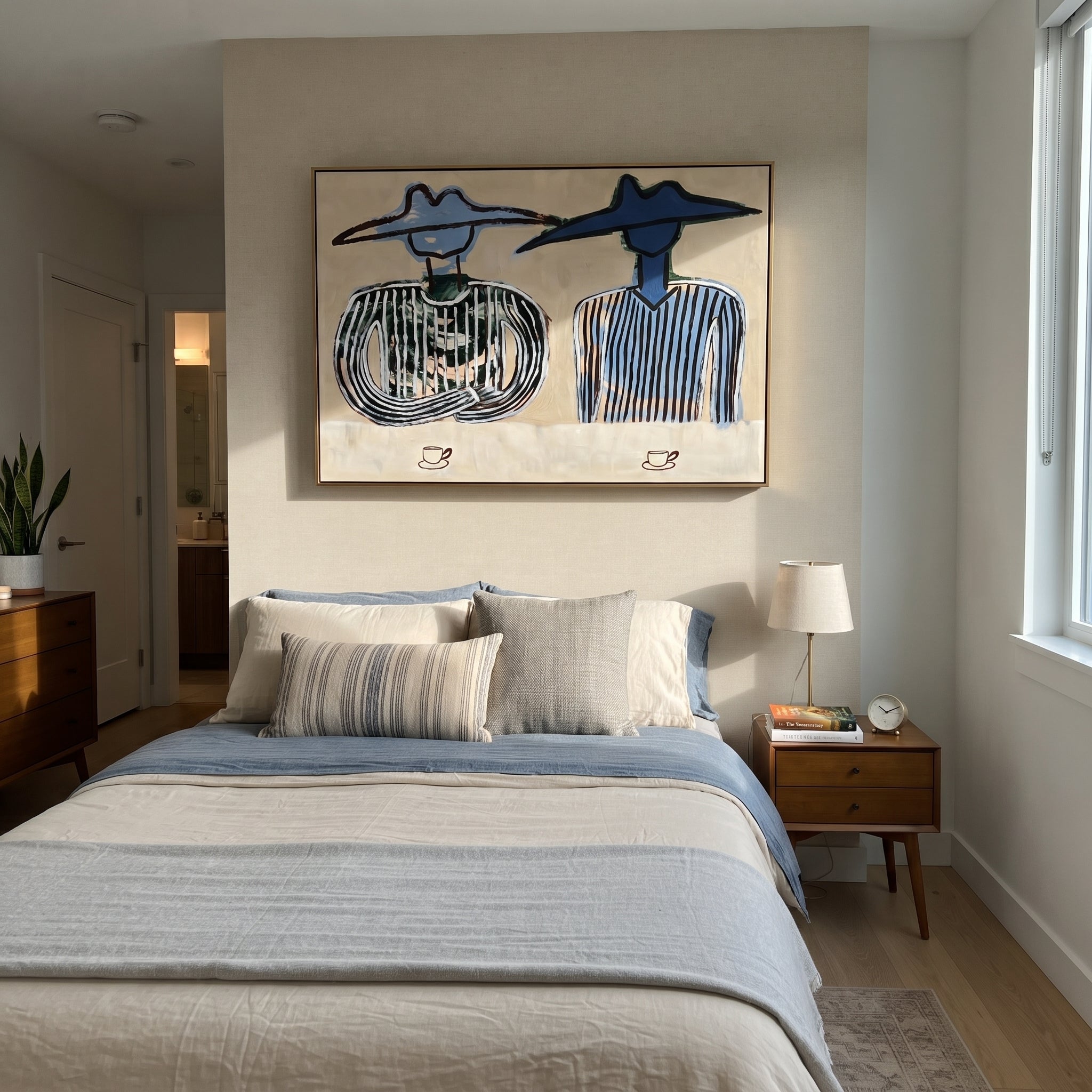 Blue Hats Guard Coffee - cowboy coffee pair painting by Savannah Reed, modern folk art horizontal wall art – styled room scene view 4