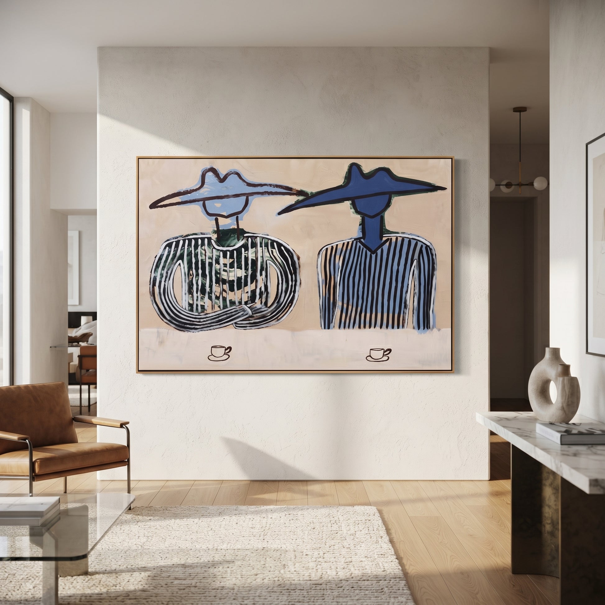 Blue Hats Guard Coffee - cowboy coffee pair painting by Savannah Reed, modern folk art horizontal wall art – styled room scene view 5