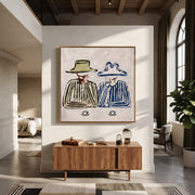 Coffee Waits Beneath Brims - striped coffee pair painting by Savannah Reed, modern folk art square wall art – styled room scene view 1