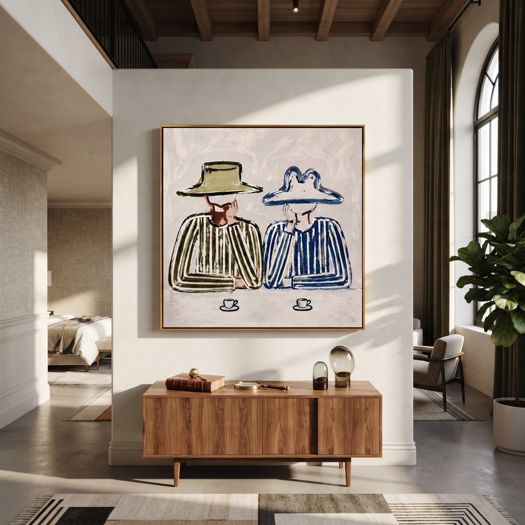 Coffee Waits Beneath Brims - striped coffee pair painting by Savannah Reed, modern folk art square wall art – styled room scene view 1