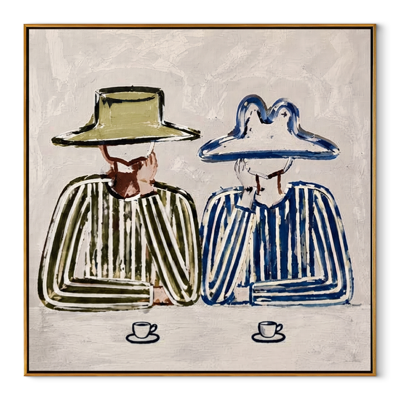Coffee Waits Beneath Brims - striped coffee pair painting by Savannah Reed, modern folk art square wall art – wood frame on white background