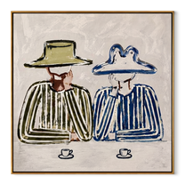 Coffee Waits Beneath Brims - striped coffee pair painting by Savannah Reed, modern folk art square wall art – wood frame on white background