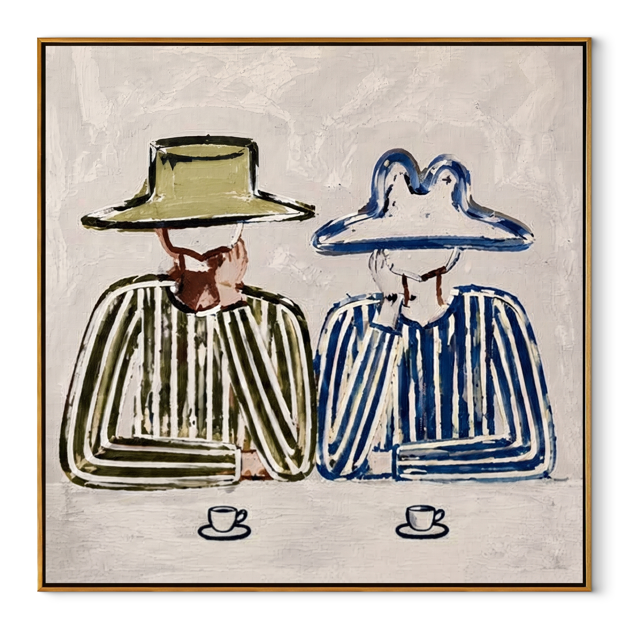 Coffee Waits Beneath Brims - striped coffee pair painting by Savannah Reed, modern folk art square wall art – wood frame on white background