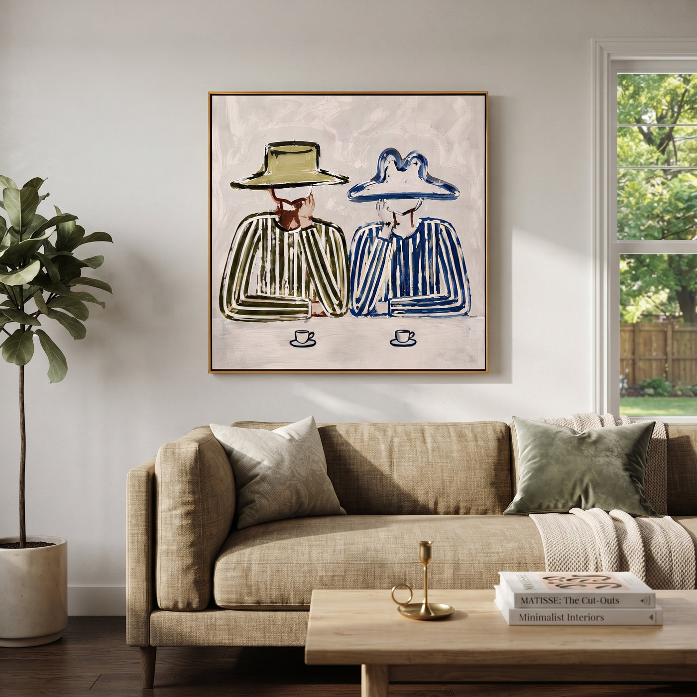 Coffee Waits Beneath Brims - striped coffee pair painting by Savannah Reed, modern folk art square wall art – styled room scene view 3