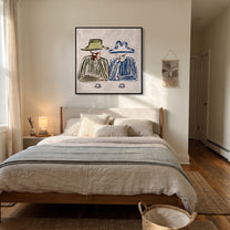 Coffee Waits Beneath Brims - striped coffee pair painting by Savannah Reed, modern folk art square wall art – styled room scene view 5
