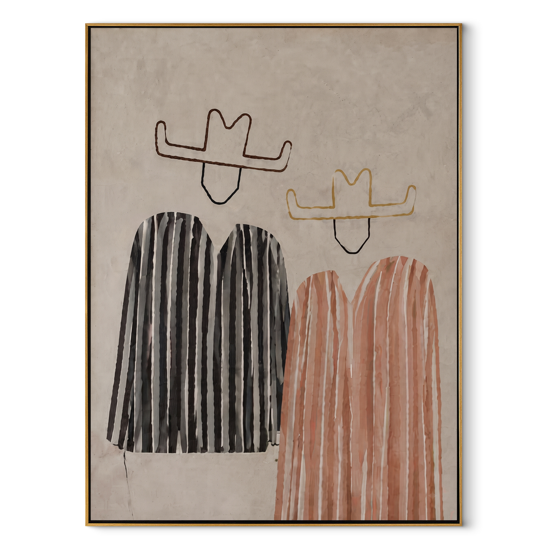 Striped Bodies Lose Faces - minimal cowboy pair painting by Savannah Reed, modern folk art vertical wall art – wood frame on white background