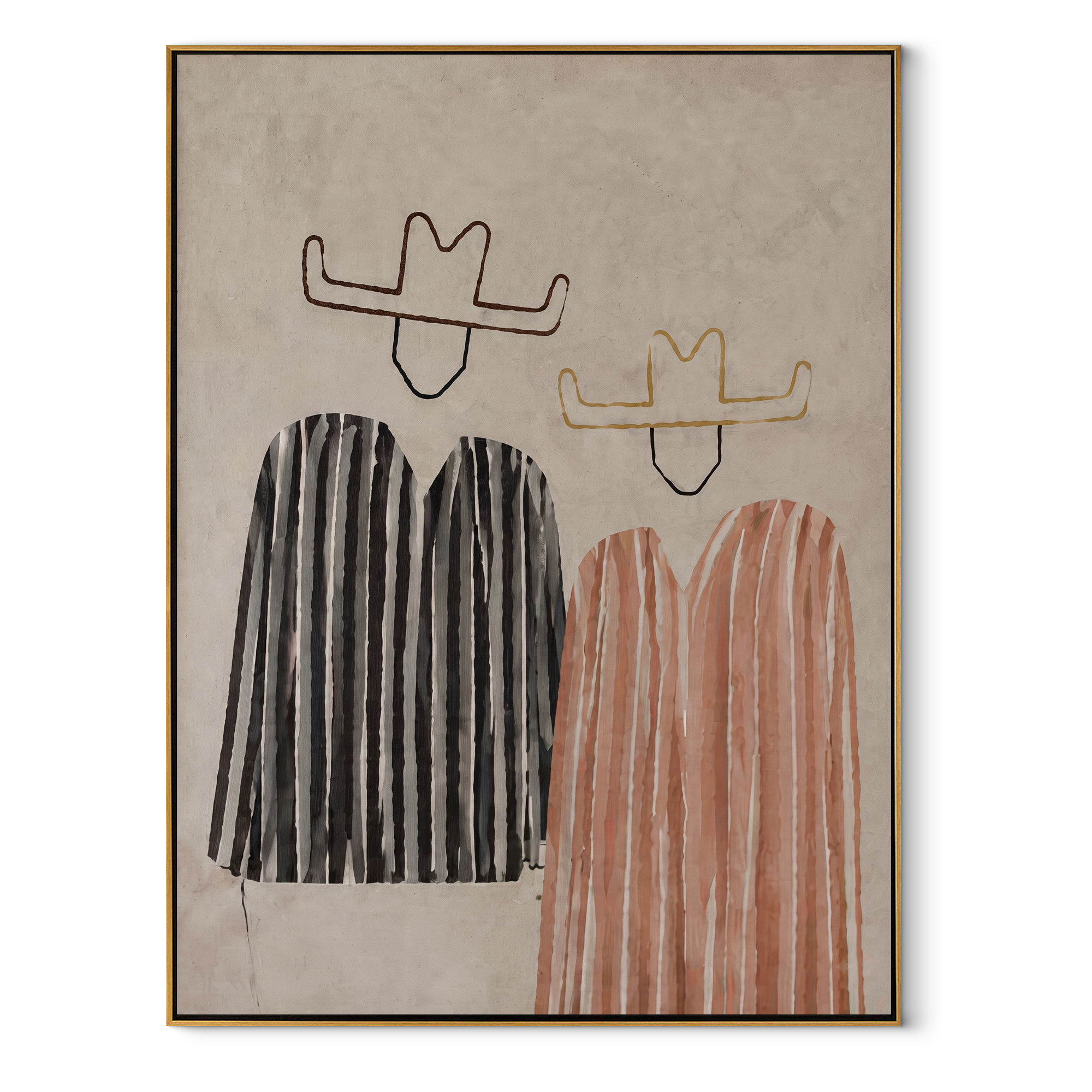 Striped Bodies Lose Faces - minimal cowboy pair painting by Savannah Reed, modern folk art vertical wall art – wood frame on white background