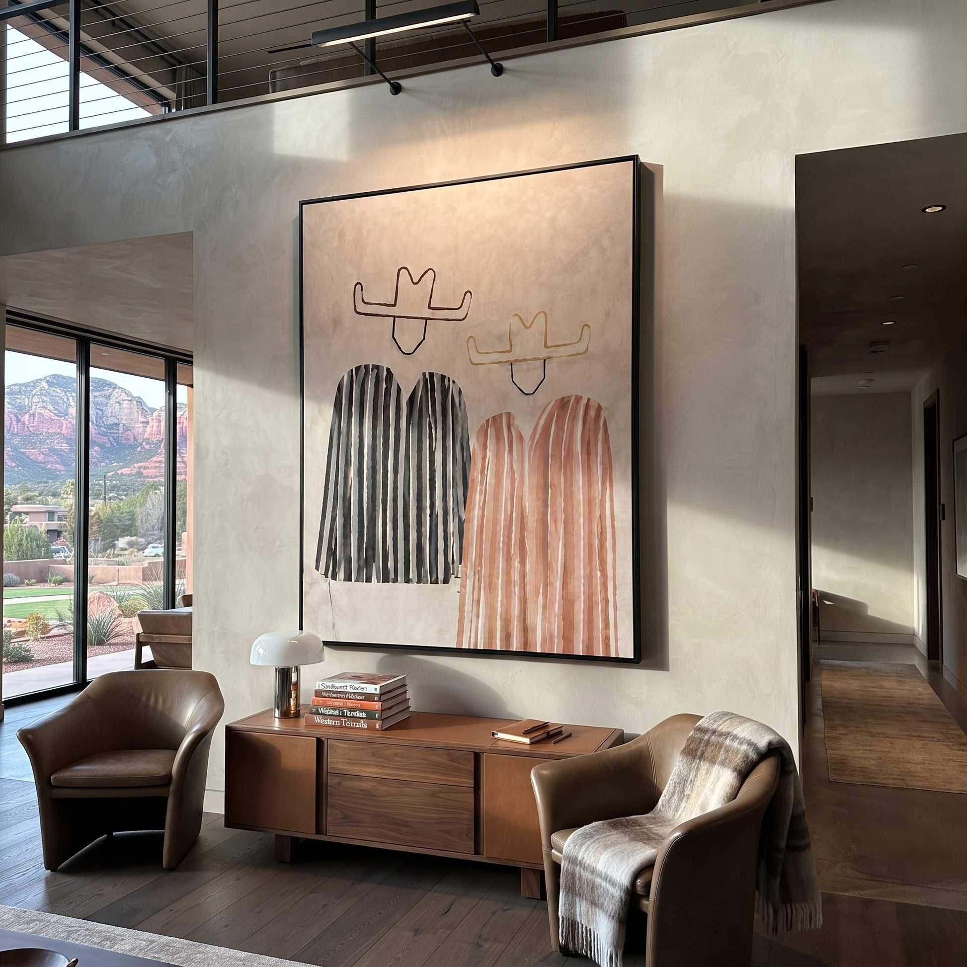 Striped Bodies Lose Faces - minimal cowboy pair painting by Savannah Reed, modern folk art vertical wall art – styled room scene view 5