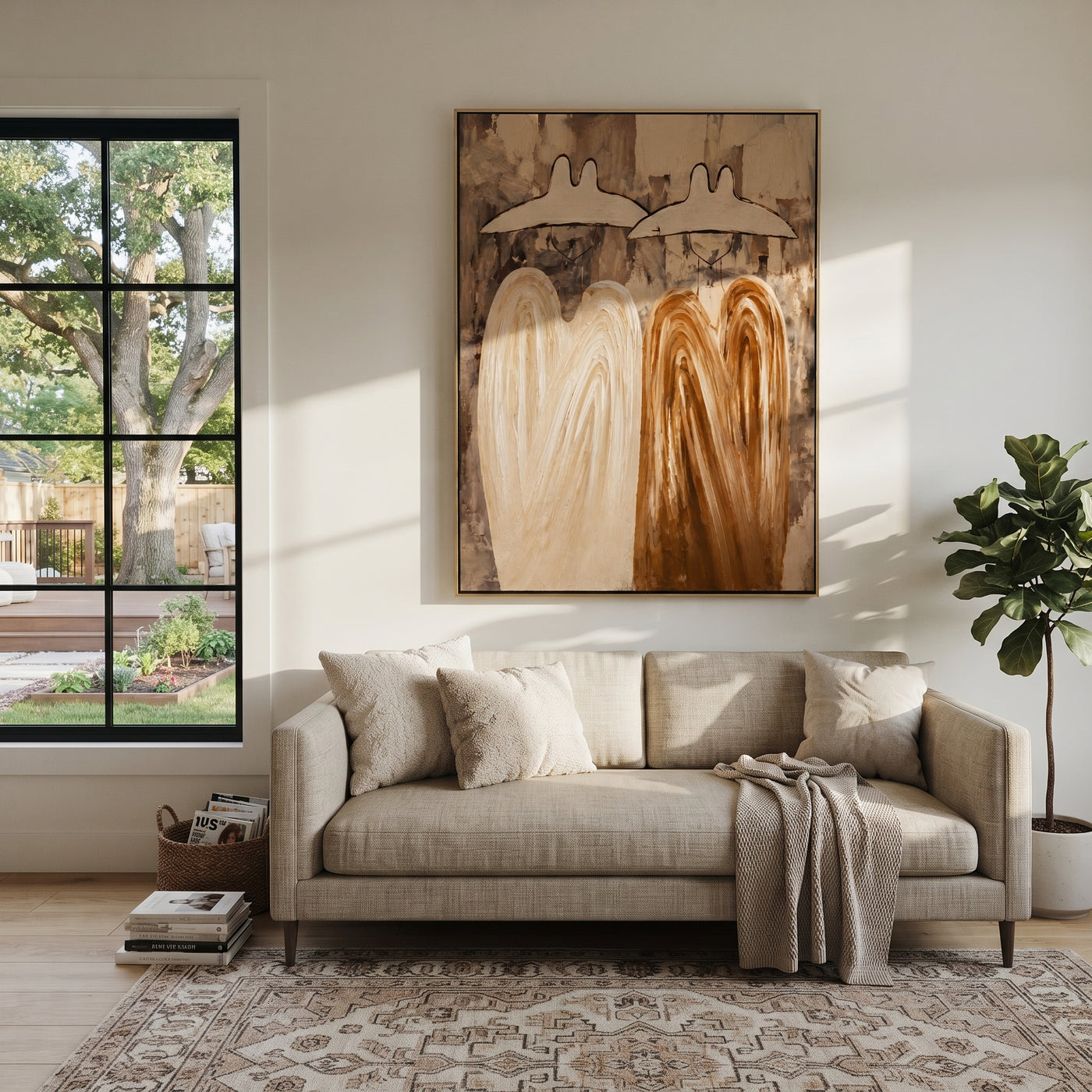 Earth Coats Hold Silence - neutral cowboy pair painting by Savannah Reed, modern folk art vertical wall art – styled room scene view 1