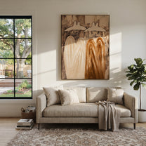 Earth Coats Hold Silence - neutral cowboy pair painting by Savannah Reed, modern folk art vertical wall art – styled room scene view 1