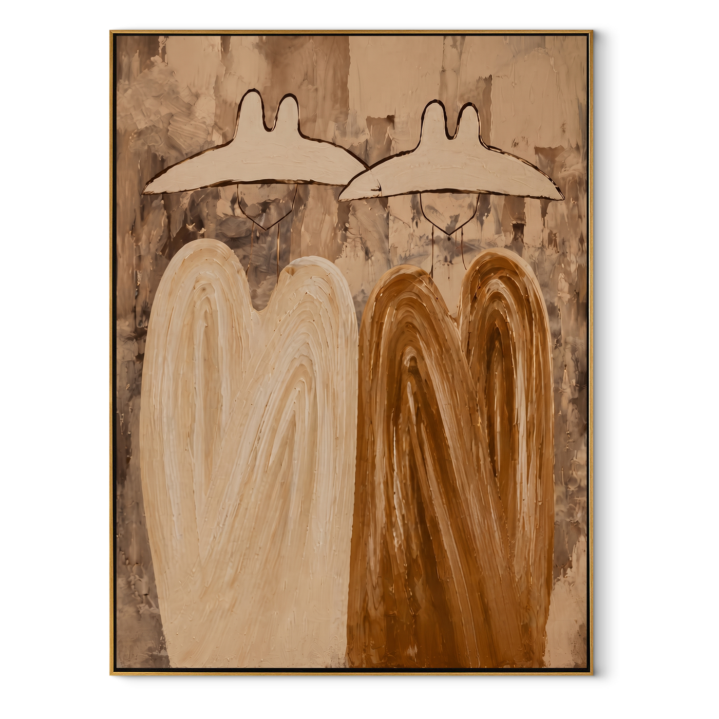 Earth Coats Hold Silence - neutral cowboy pair painting by Savannah Reed, modern folk art vertical wall art – wood frame on white background