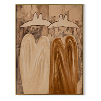 Earth Coats Hold Silence - neutral cowboy pair painting by Savannah Reed, modern folk art vertical wall art – wood frame on white background