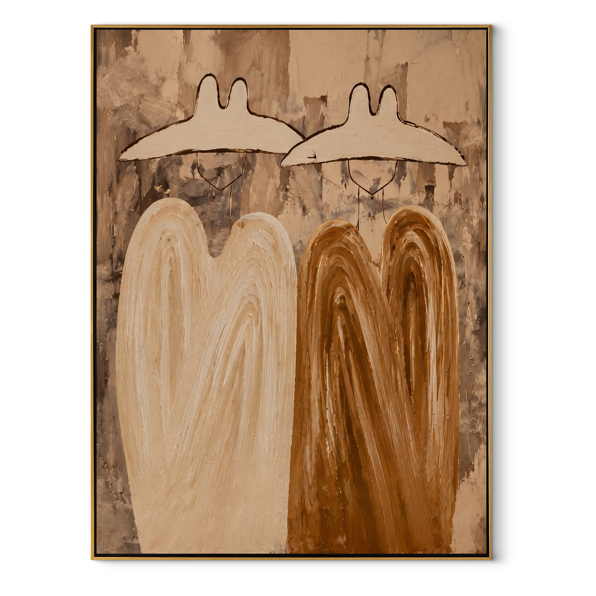 Earth Coats Hold Silence - neutral cowboy pair painting by Savannah Reed, modern folk art vertical wall art – wood frame on white background