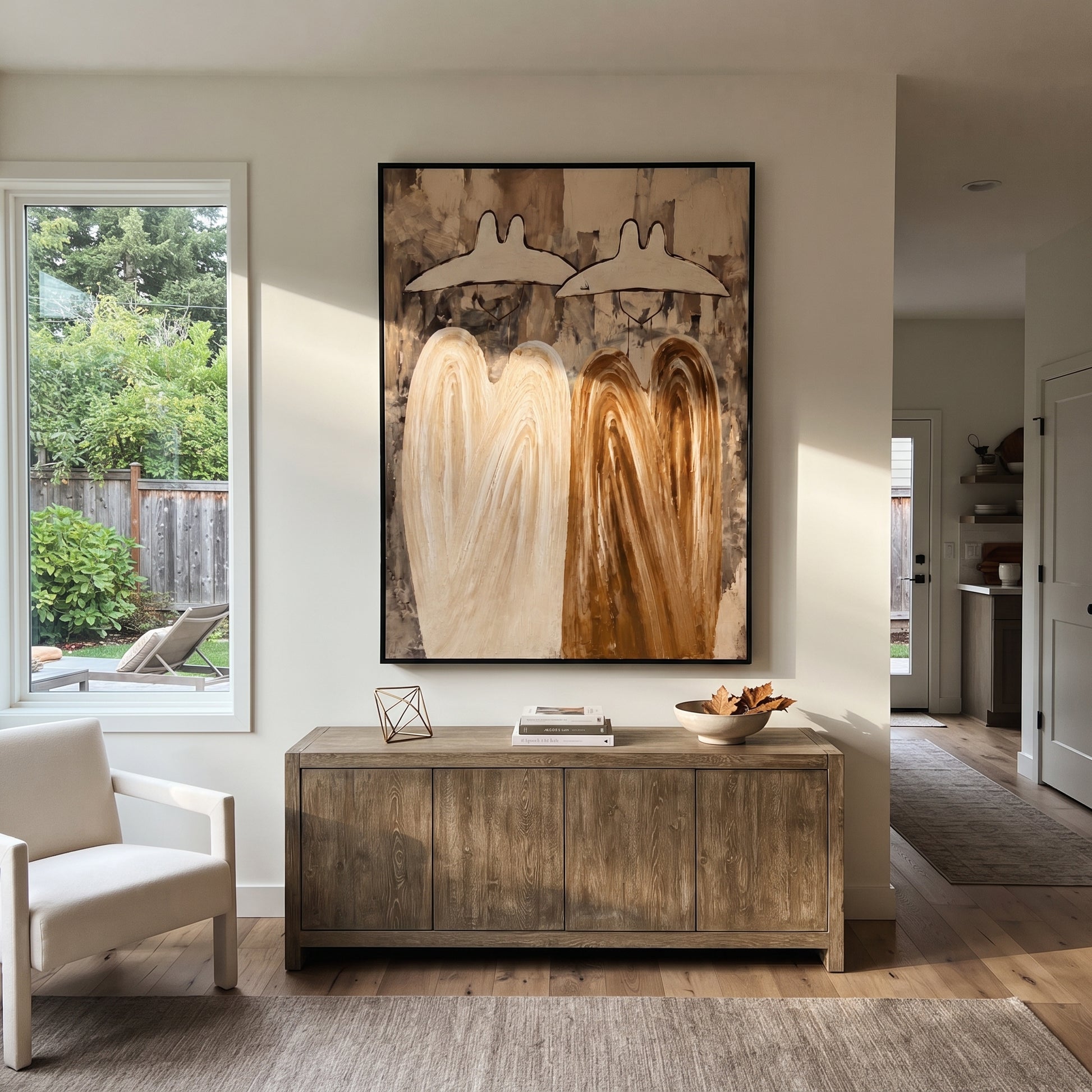 Earth Coats Hold Silence - neutral cowboy pair painting by Savannah Reed, modern folk art vertical wall art – styled room scene view 5