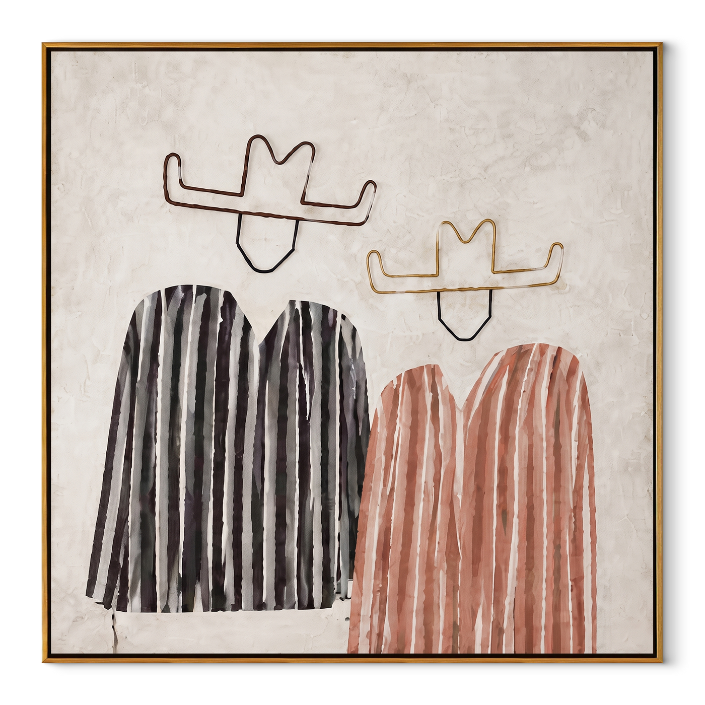 Black Stripes Meet Blush - striped cowboy pair painting by Savannah Reed, modern folk art square wall art – wood frame on white background