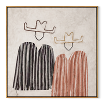 Black Stripes Meet Blush - striped cowboy pair painting by Savannah Reed, modern folk art square wall art – wood frame on white background