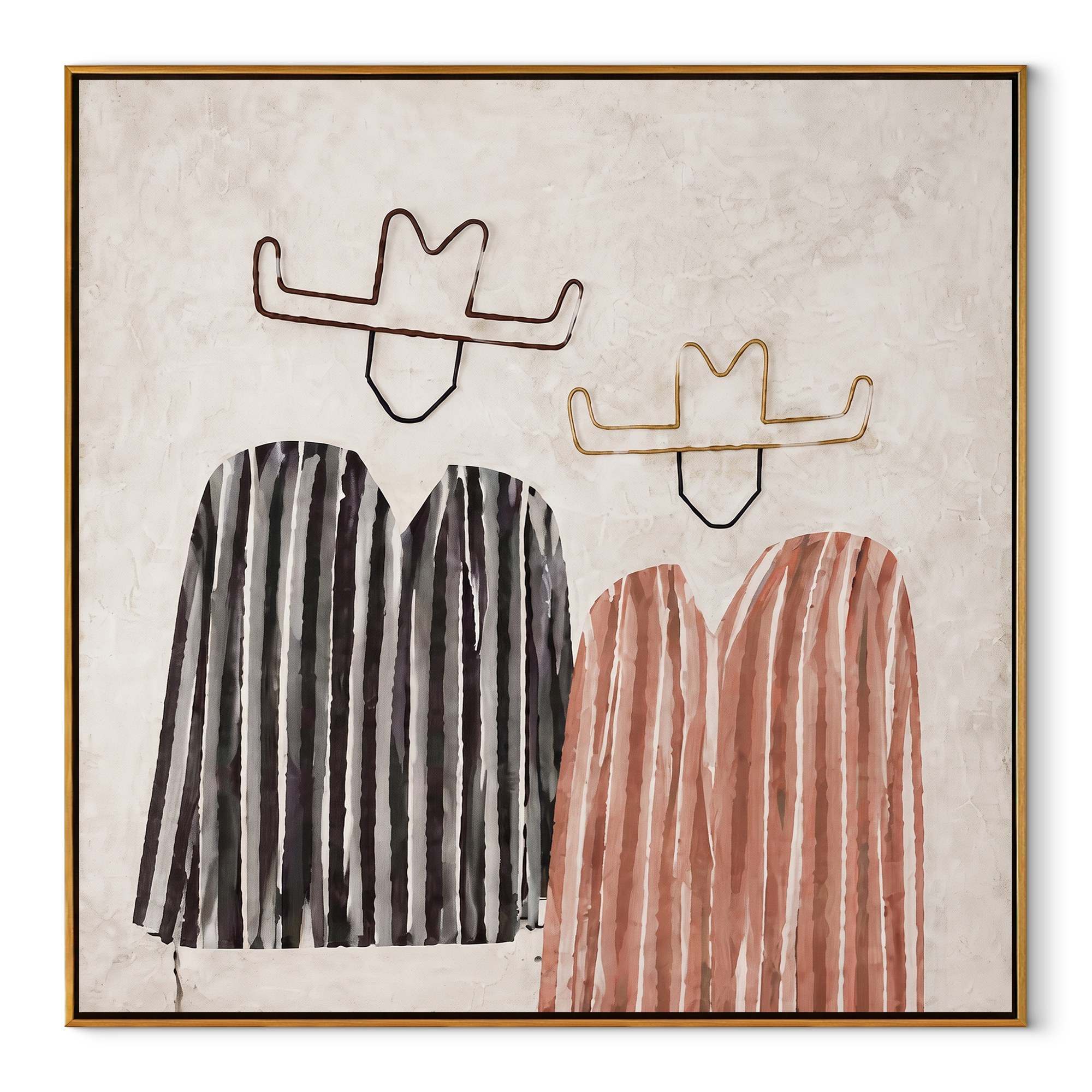 Black Stripes Meet Blush - striped cowboy pair painting by Savannah Reed, modern folk art square wall art – wood frame on white background