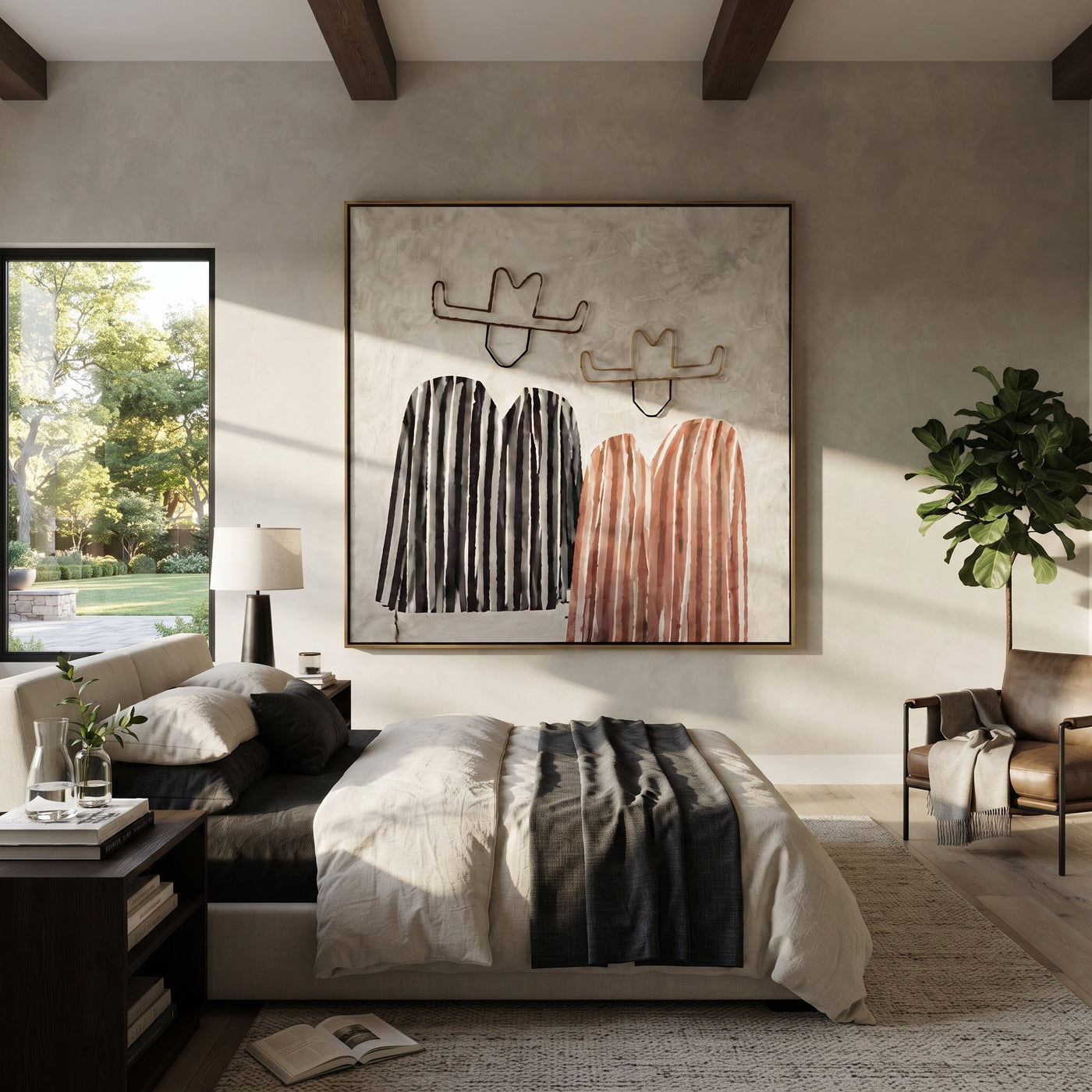 Black Stripes Meet Blush - striped cowboy pair painting by Savannah Reed, modern folk art square wall art – styled room scene view 3