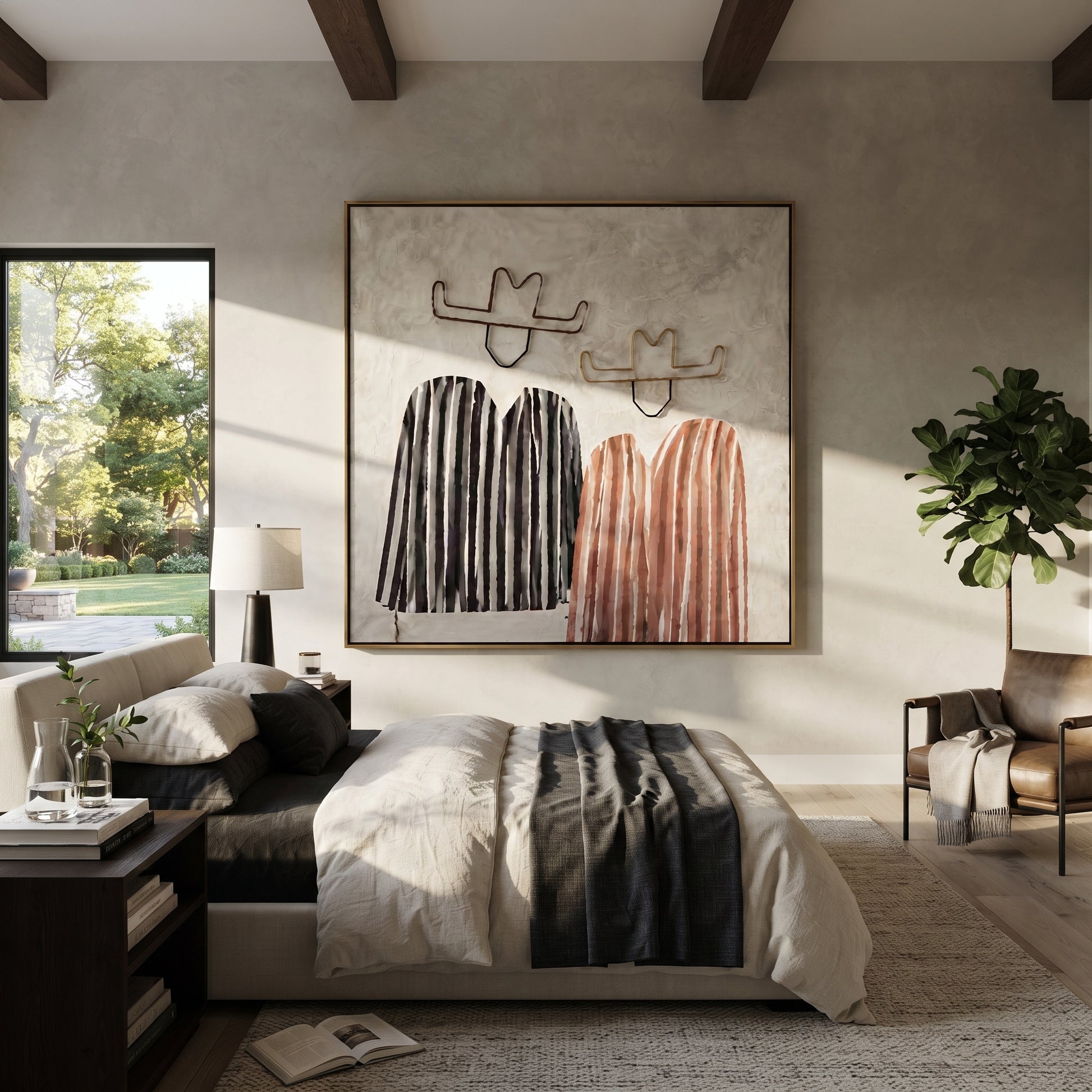 Black Stripes Meet Blush - striped cowboy pair painting by Savannah Reed, modern folk art square wall art – styled room scene view 3