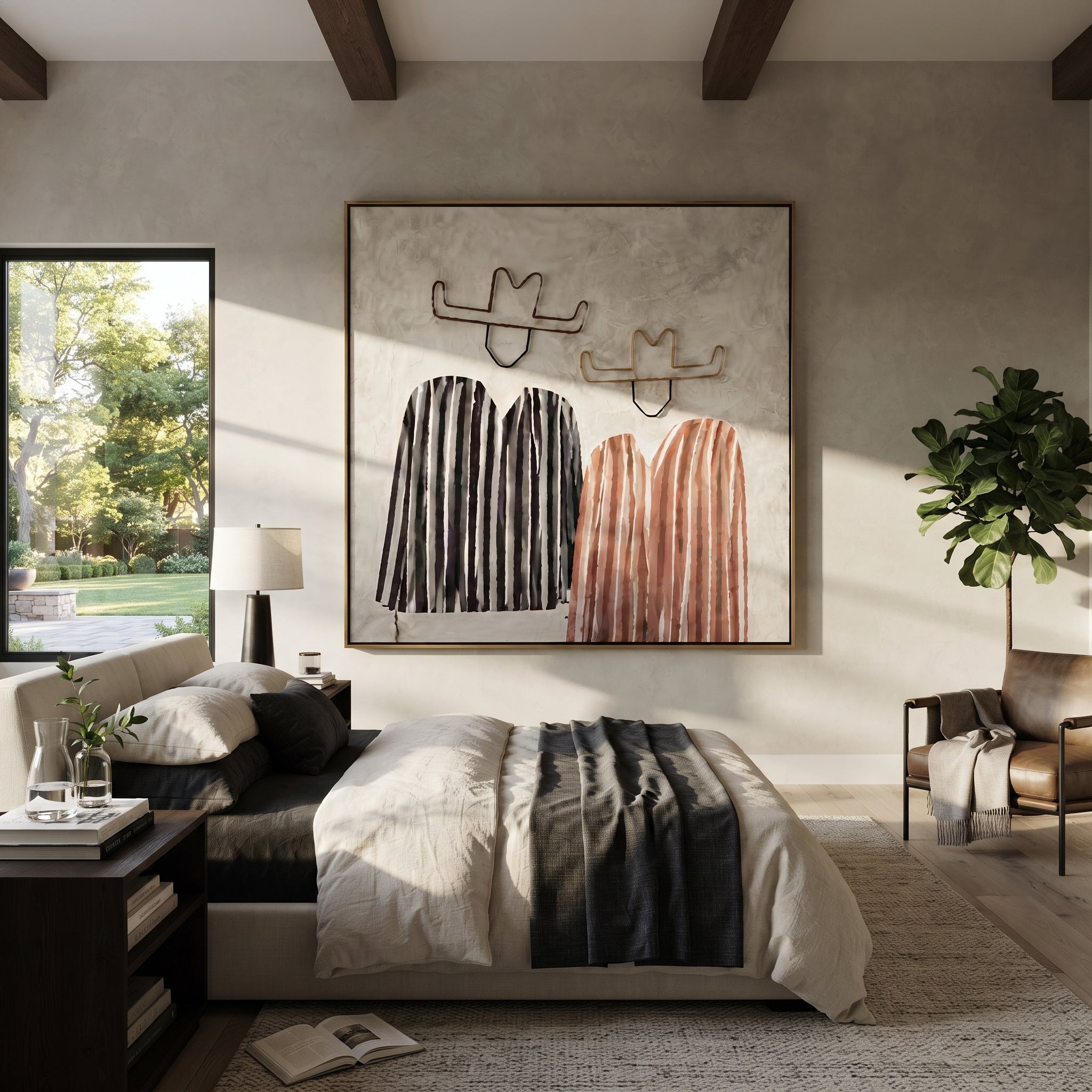 Black Stripes Meet Blush - striped cowboy pair painting by Savannah Reed, modern folk art square wall art – styled room scene view 3