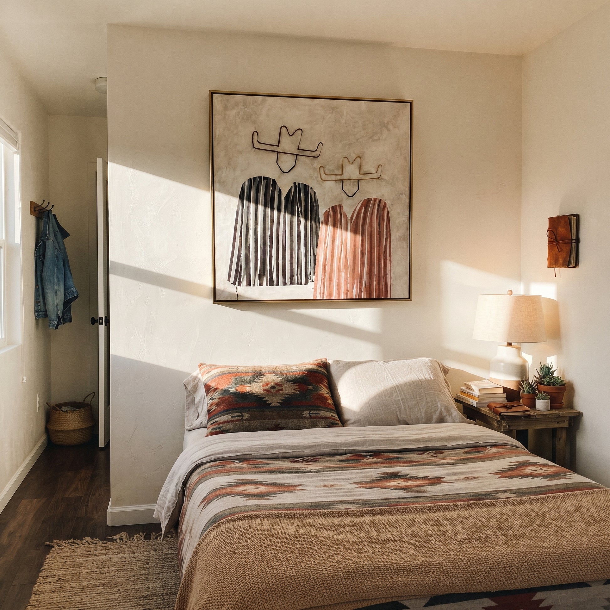 Black Stripes Meet Blush - striped cowboy pair painting by Savannah Reed, modern folk art square wall art – styled room scene view 4