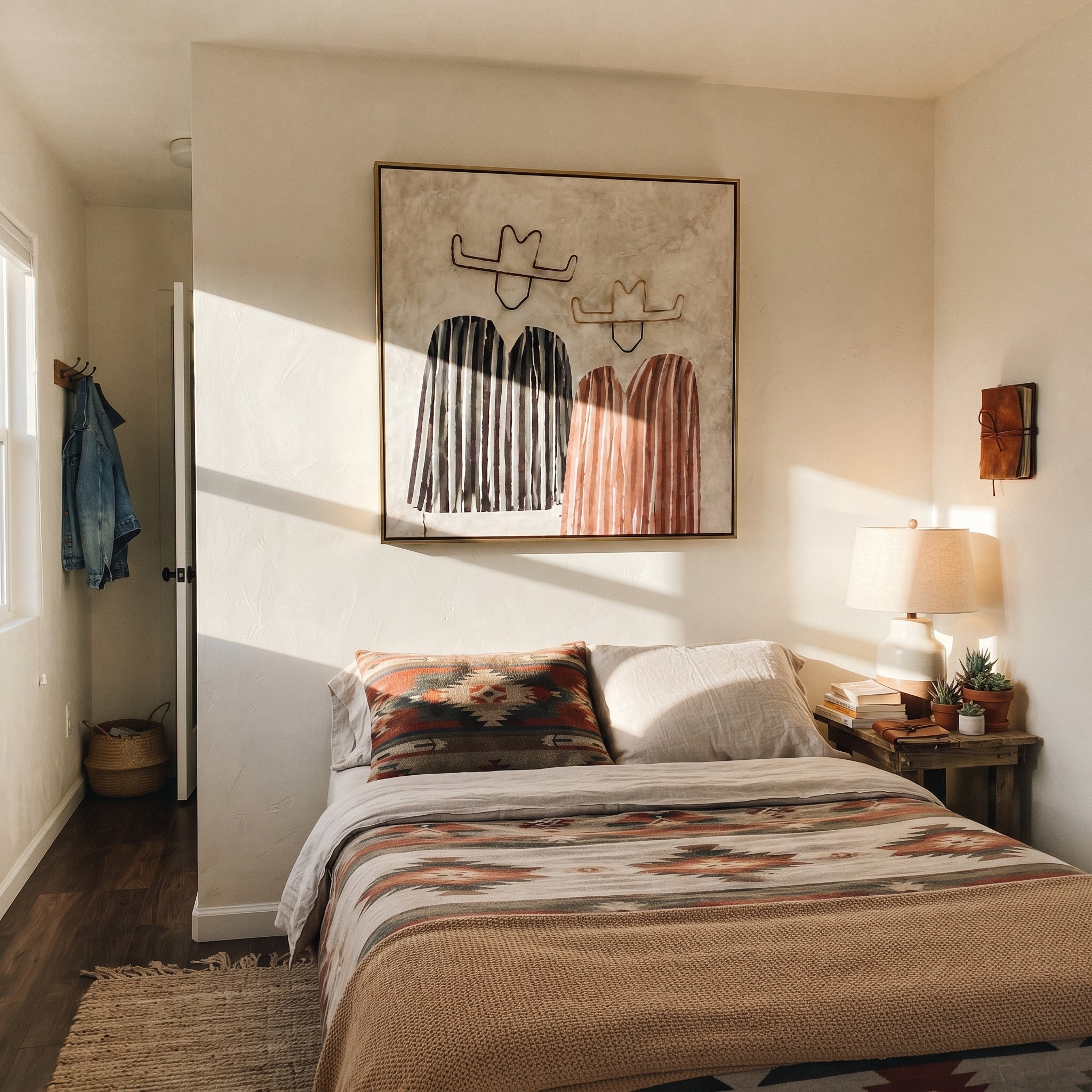 Black Stripes Meet Blush - striped cowboy pair painting by Savannah Reed, modern folk art square wall art – styled room scene view 4