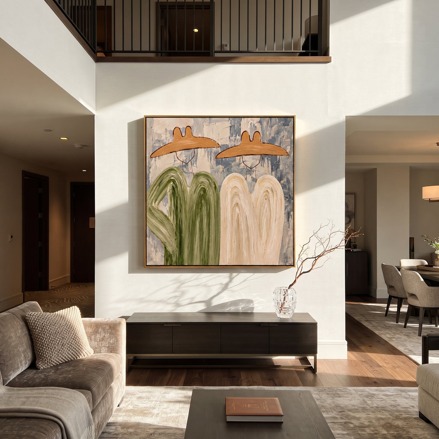 Green Coats Face Cream - abstract cowboy pair painting by Savannah Reed, modern folk art square wall art – styled room scene view 1