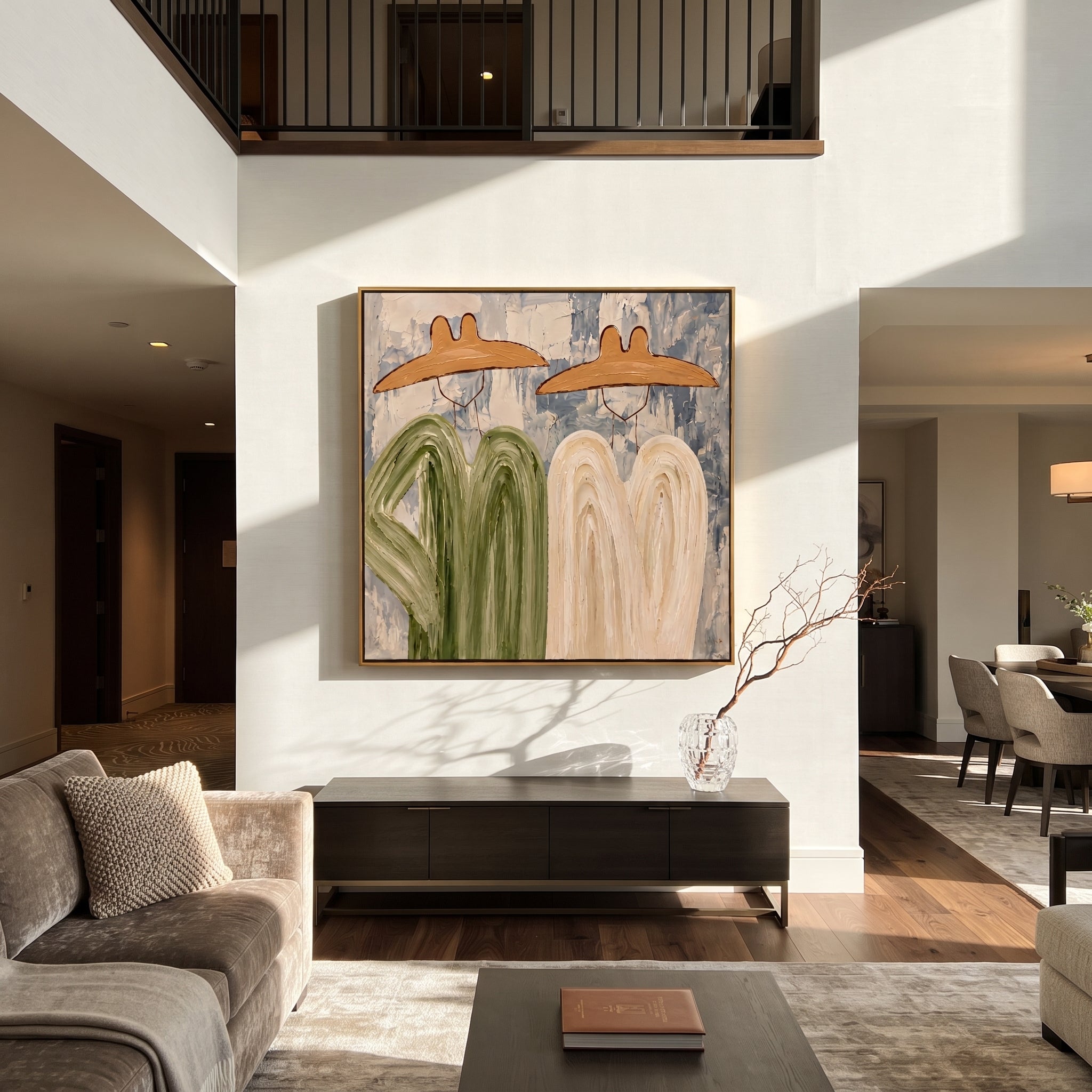 Green Coats Face Cream - abstract cowboy pair painting by Savannah Reed, modern folk art square wall art – styled room scene view 1