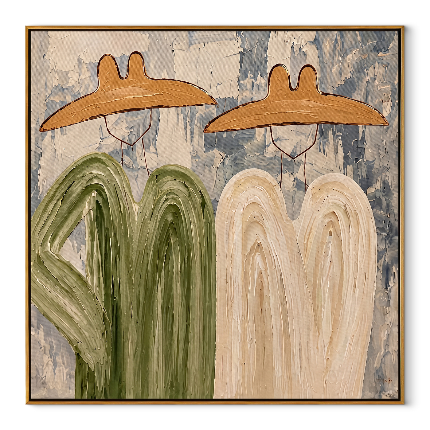 Green Coats Face Cream - abstract cowboy pair painting by Savannah Reed, modern folk art square wall art – wood frame on white background