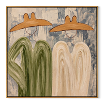 Green Coats Face Cream - abstract cowboy pair painting by Savannah Reed, modern folk art square wall art – wood frame on white background
