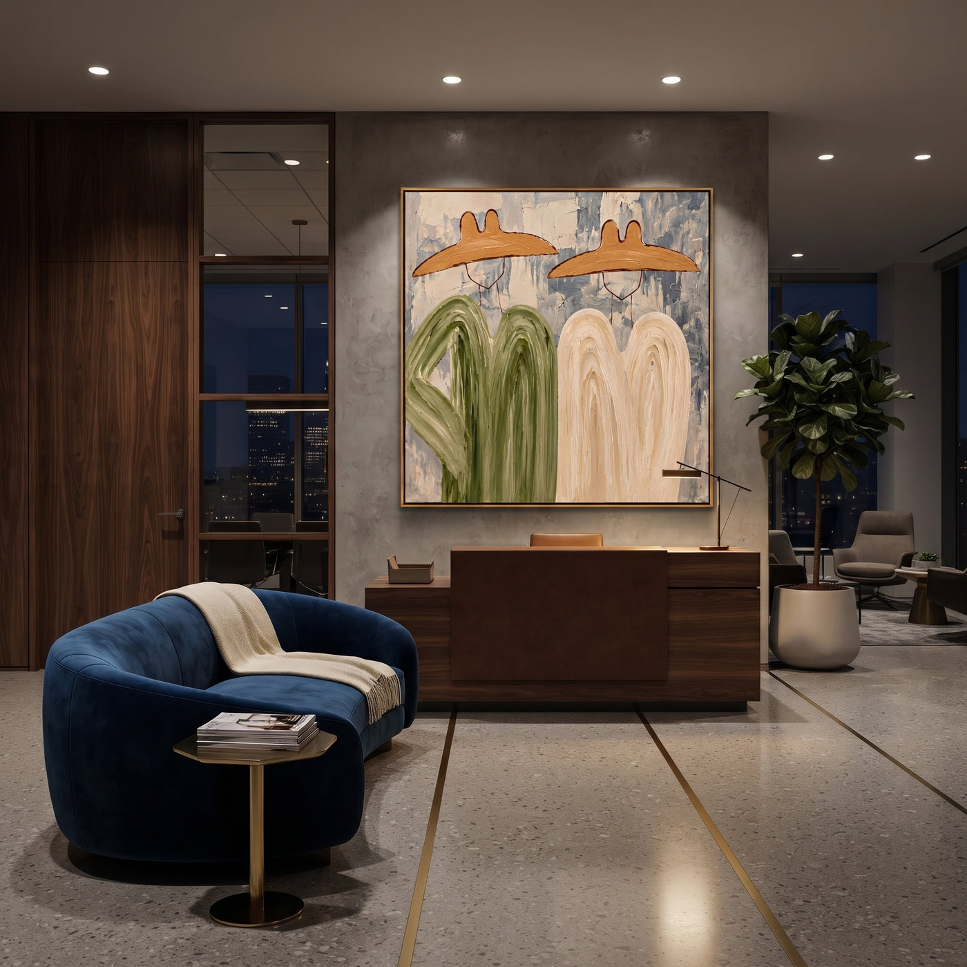 Green Coats Face Cream - abstract cowboy pair painting by Savannah Reed, modern folk art square wall art – styled room scene view 2