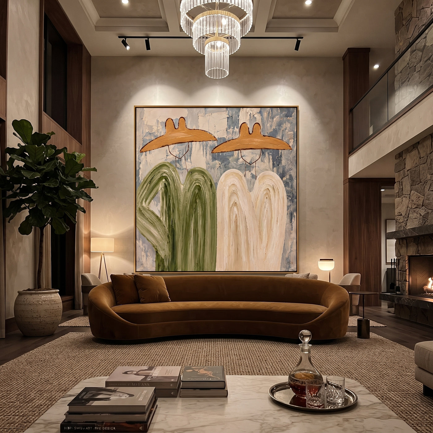 Green Coats Face Cream - abstract cowboy pair painting by Savannah Reed, modern folk art square wall art – styled room scene view 3