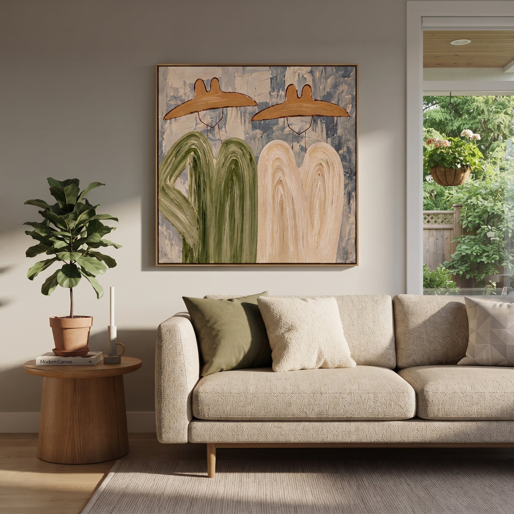 Green Coats Face Cream - abstract cowboy pair painting by Savannah Reed, modern folk art square wall art – styled room scene view 4