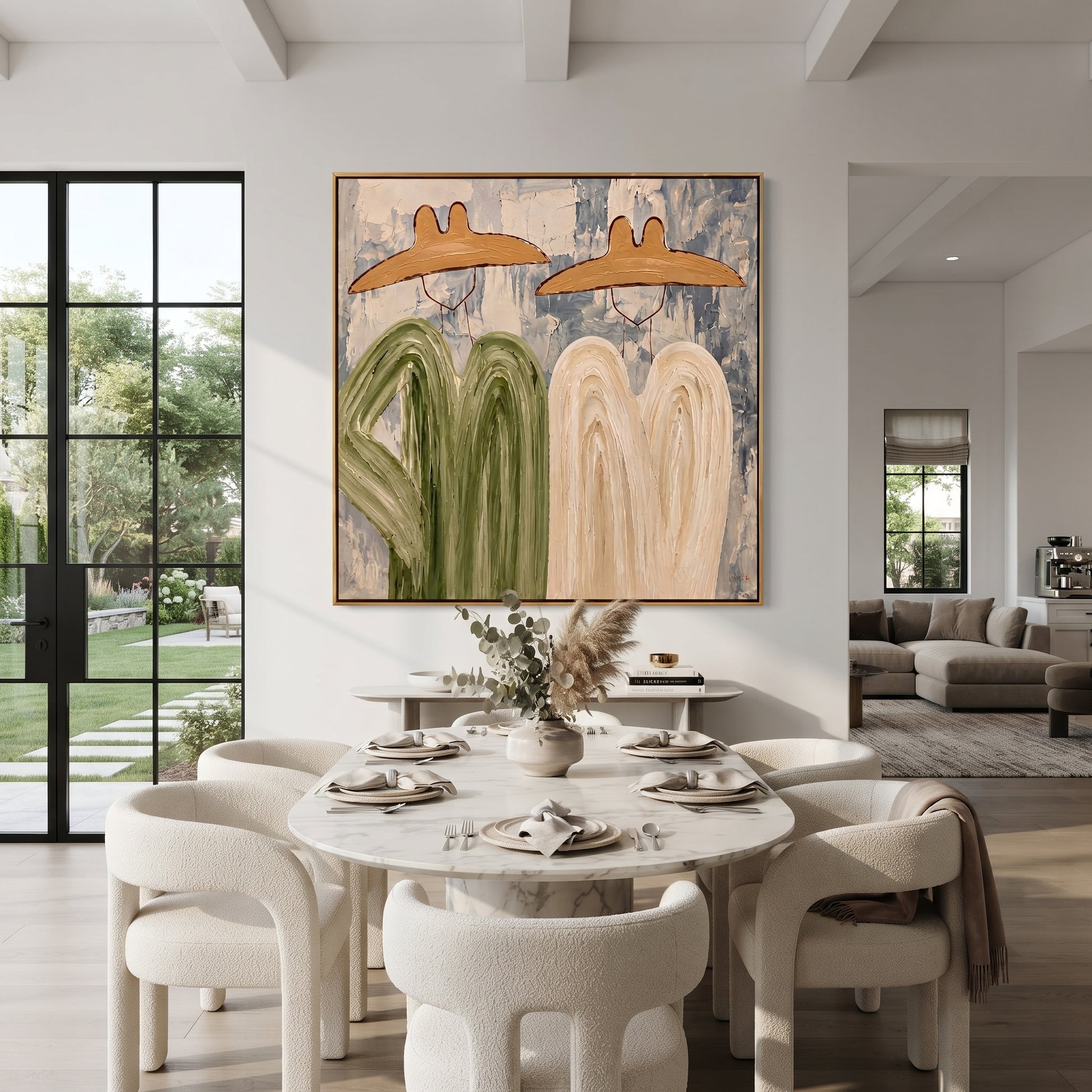 Green Coats Face Cream - abstract cowboy pair painting by Savannah Reed, modern folk art square wall art – styled room scene view 5