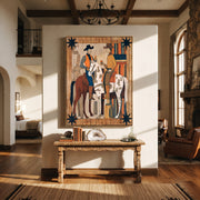 Two Riders Share Timber - cowboy horse pair painting by Savannah Reed, modern folk art vertical wall art – styled room scene view 1