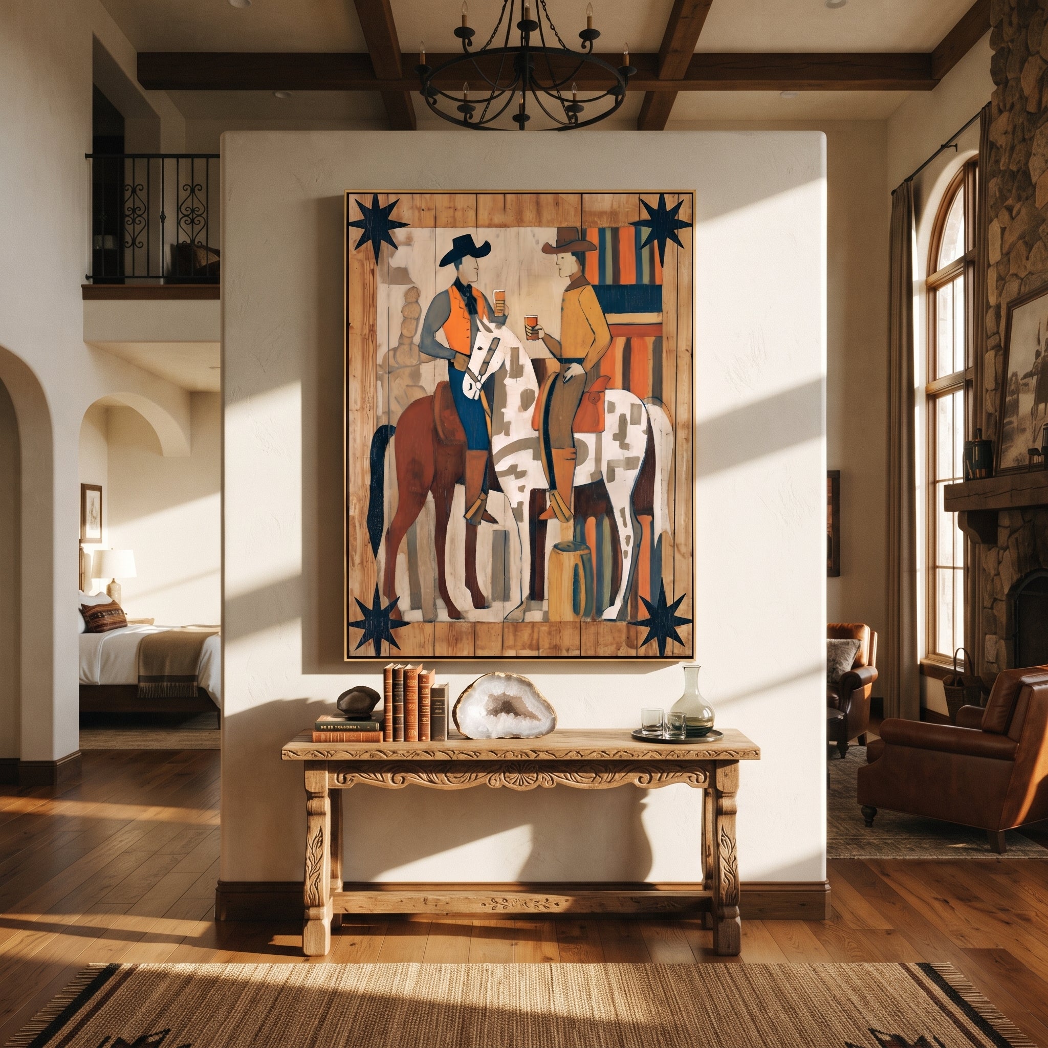 Two Riders Share Timber - cowboy horse pair painting by Savannah Reed, modern folk art vertical wall art – styled room scene view 1