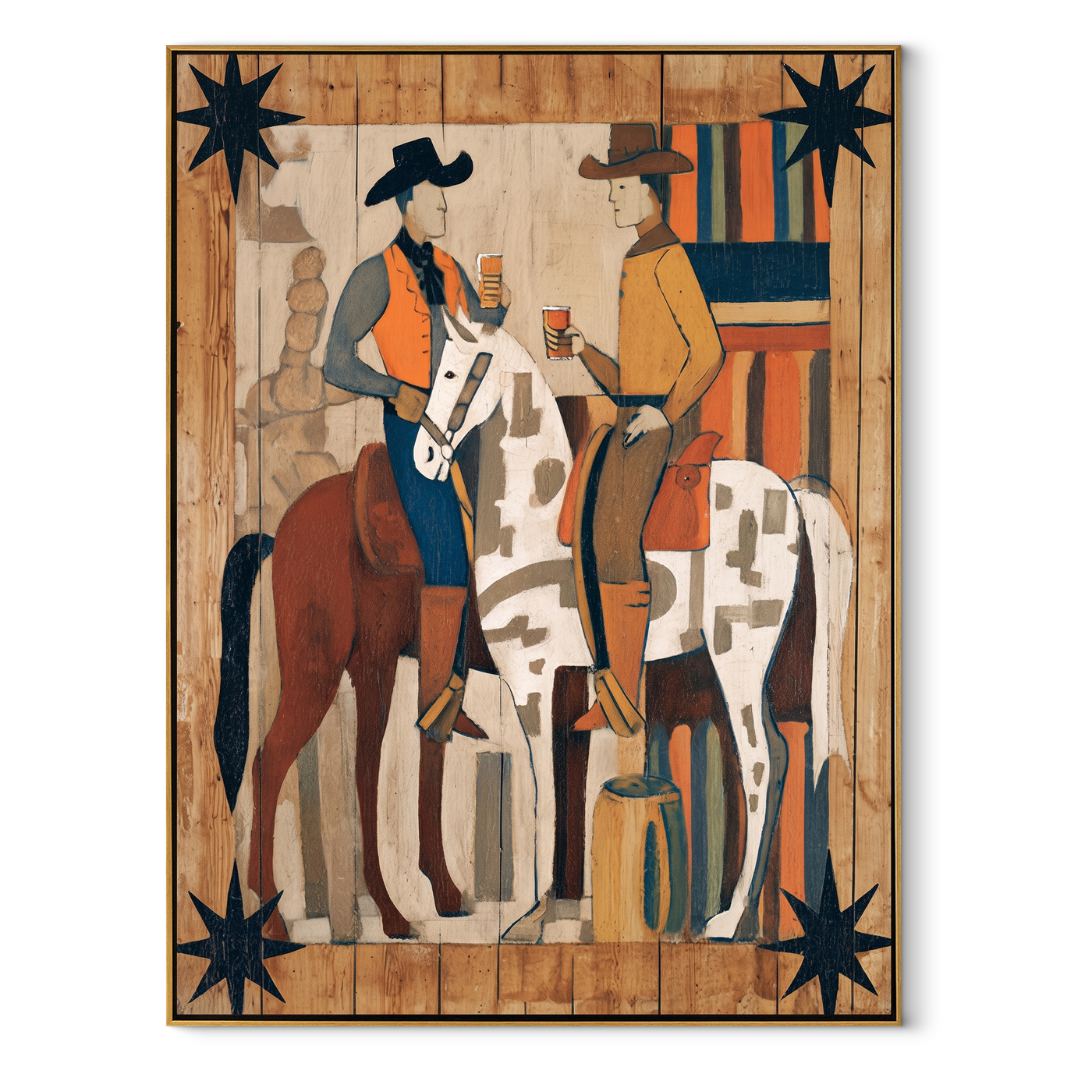 Two Riders Share Timber - cowboy horse pair painting by Savannah Reed, modern folk art vertical wall art – wood frame on white background