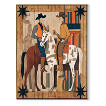 Two Riders Share Timber - cowboy horse pair painting by Savannah Reed, modern folk art vertical wall art – wood frame on white background