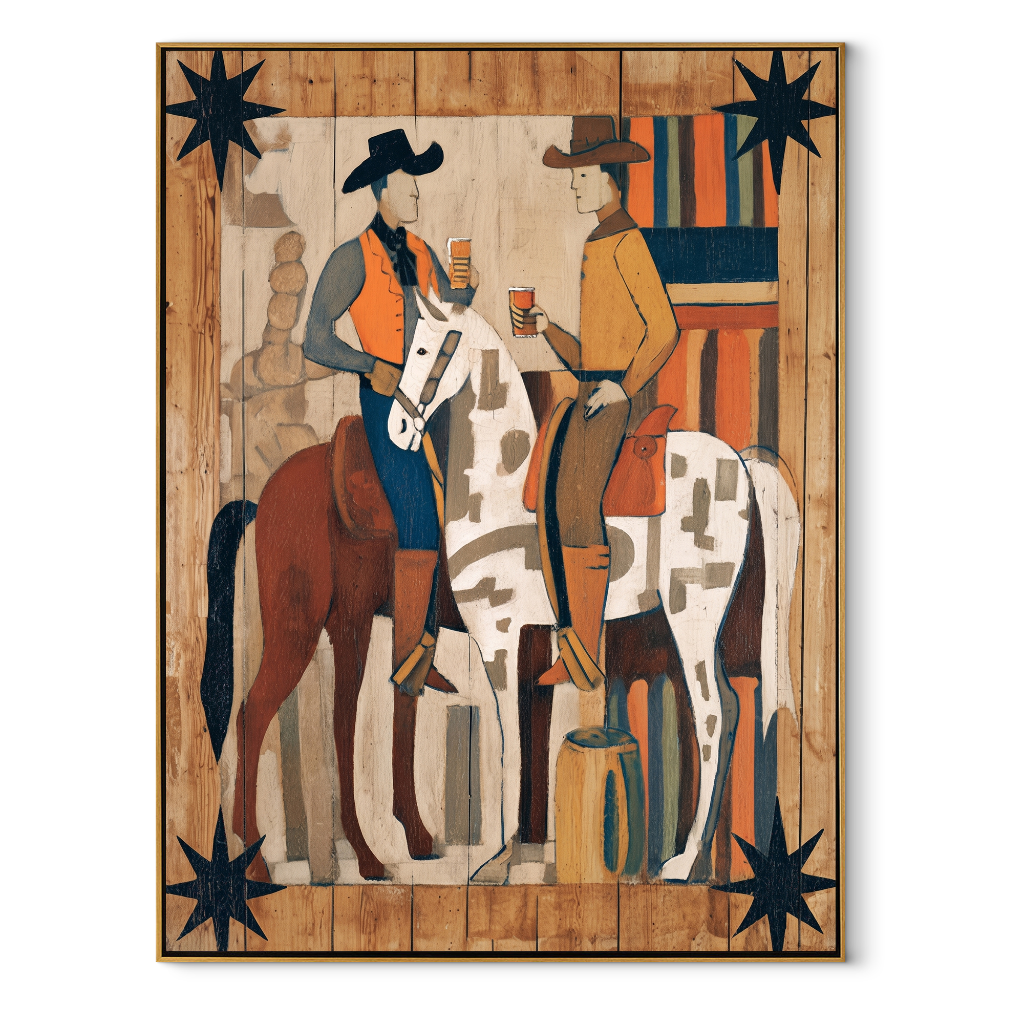 Two Riders Share Timber - cowboy horse pair painting by Savannah Reed, modern folk art vertical wall art – wood frame on white background