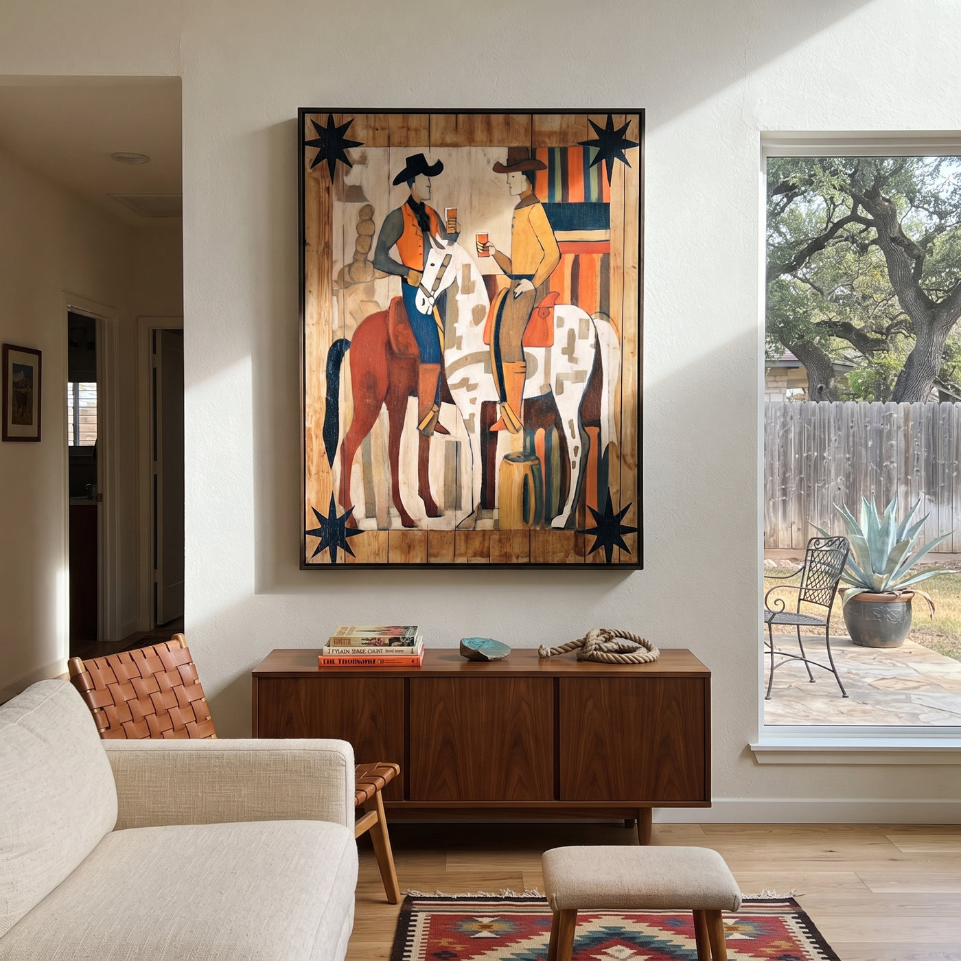 Two Riders Share Timber - cowboy horse pair painting by Savannah Reed, modern folk art vertical wall art – styled room scene view 3